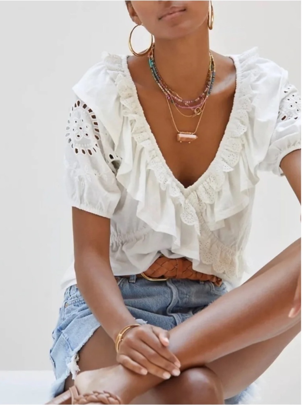 Anthropologie White Eyelet Ruffle V-Neck Top - Picture 2 of 10